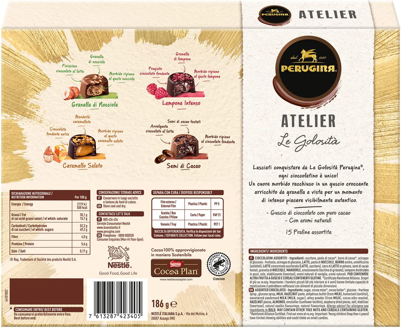 Perugina Atelier Le Golosità Cioccolatini Assortiti al Latte Finissimo e Fondente Extra con Cremoso Ripieno Scatola Regalo, 186g