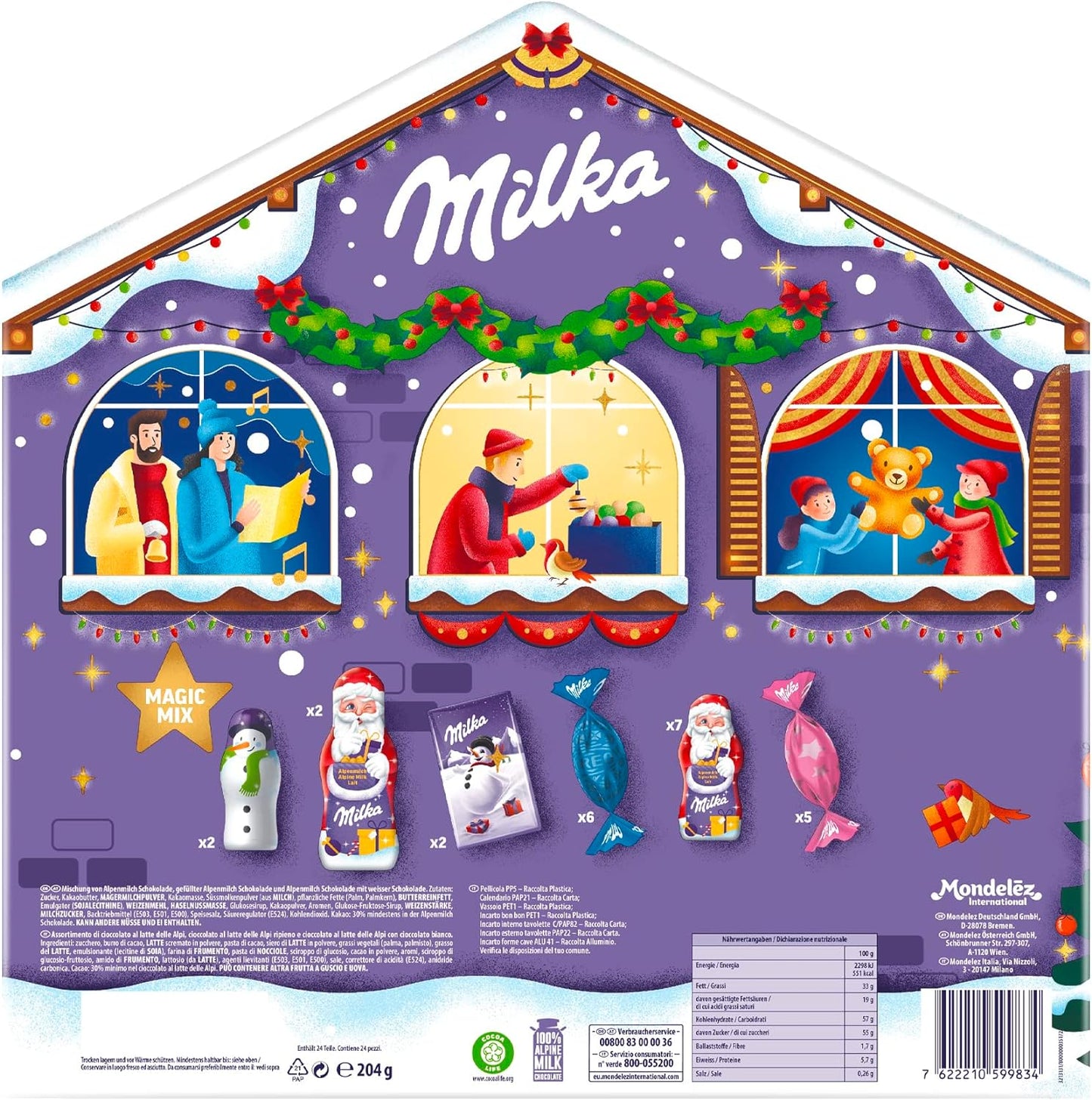Milka, Calendario dell'Avvento di Natale con Deliziosi Cioccolatini al Latte Milka, 100% Latte Alpino, Cacao Sostenibile, 204g
