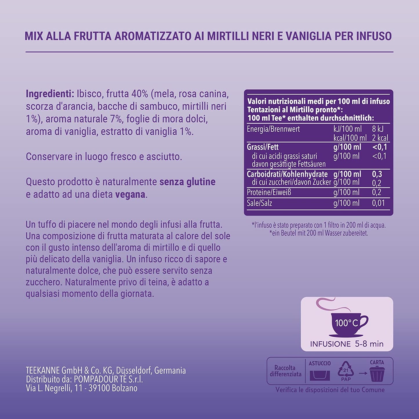 Pompadour, Infuso Tentazioni al Mirtillo, 60 Filtri (3 Confezione da 20 Filtri), Dolce e Fruttato, Piace anche ai Bambini, Senza Lattosio, Glutine e Allergeni, Vegan