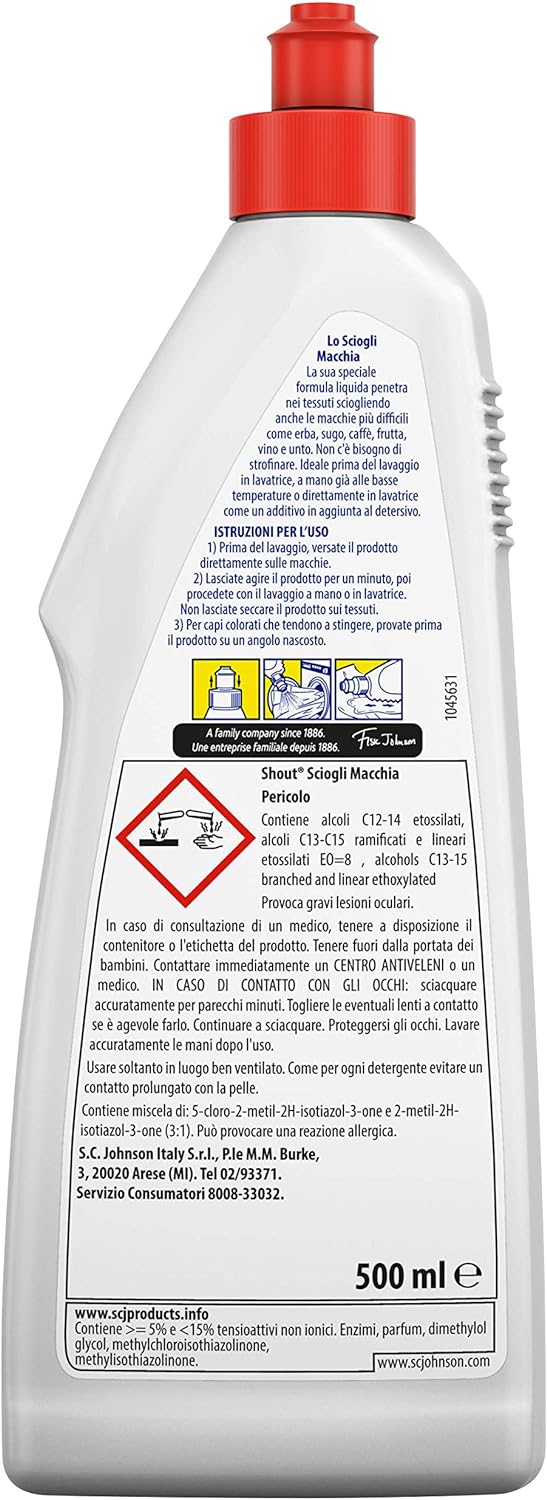 Shout Scioglimacchia Liquido, Smacchiatore Bucato, Tripla Azione, Sicuro su Capi Bianchi e Colorati, 1 Confezione da 500 ml