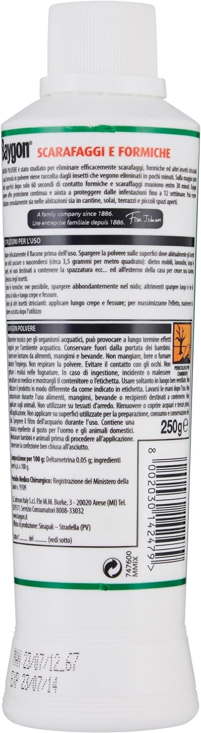 Baygon Scarafaggi e Formiche, Insetticida in Polvere, Efficacia Rapida e di Lunga Durata, 1 Confezione da 250 gr