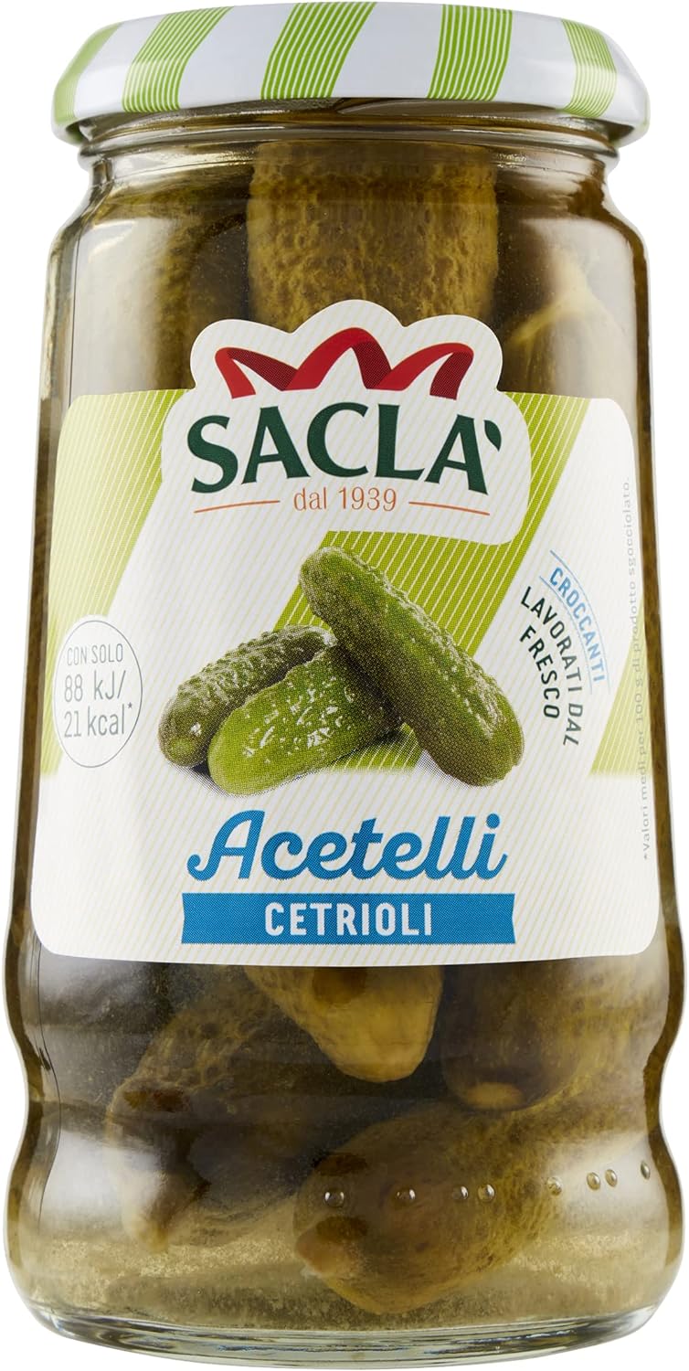 Saclà, Acetelli, Cetrioli All'Aceto di Vino, Ideali per Aperitivo, Antipasti e Insalate, Vaso Vetro, 290g (150g sgocciolato), Confezione da 12 pezzi