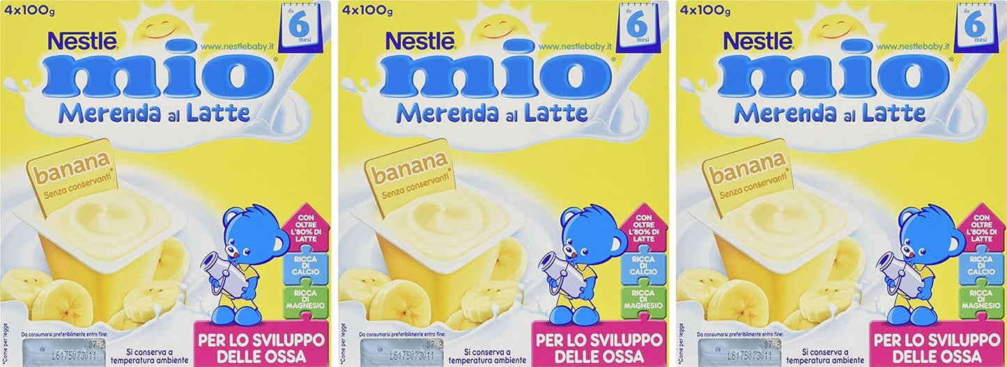 Nestlé Mio - Merenda al Latte Banana, senza Glutine, da 6 Mesi - 3 confezioni da 4 Vasetti di plastica da 100 g [12 vasetti, 1200 g]