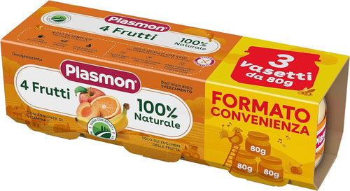Plasmon Omogeneizzato Frutta 4 frutti 80g 24 Vasetti con Frutta selezionata, 100% naturale, con aggiunta di Vitamina C