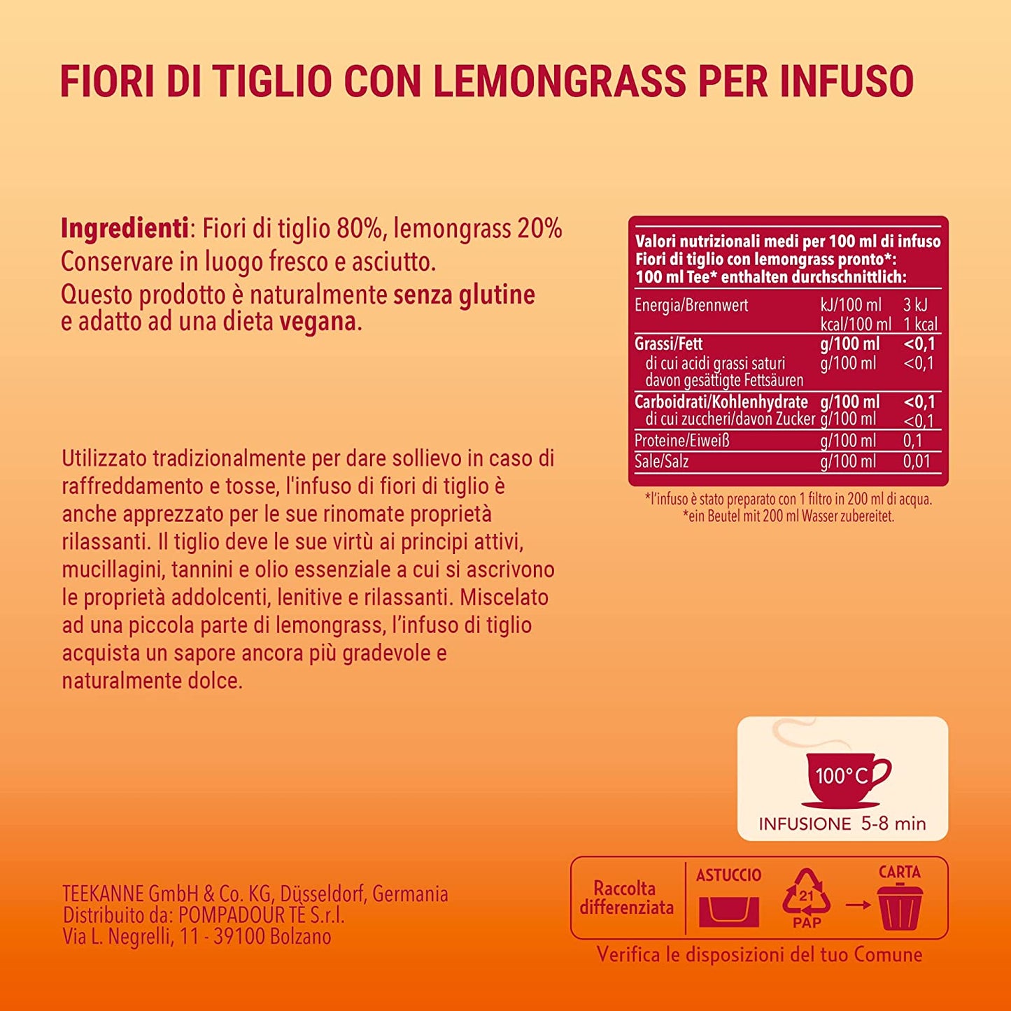 Pompadour, Infuso Fiori di Tiglio con Lemongrass, 60 Filtri ( 3 Confezioni da 20 Filtri), Lenitivo e Rilassante, Ideale per la Sera, 100% Naturale, Senza Lattosio, Glutine e Allergeni, Vegan
