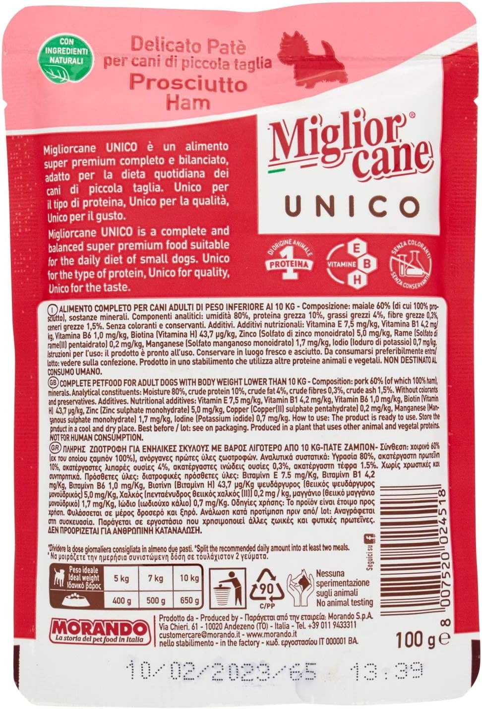 Migliorcane Unico 100% Prosciutto, Cibo Cani, 48 x 100g