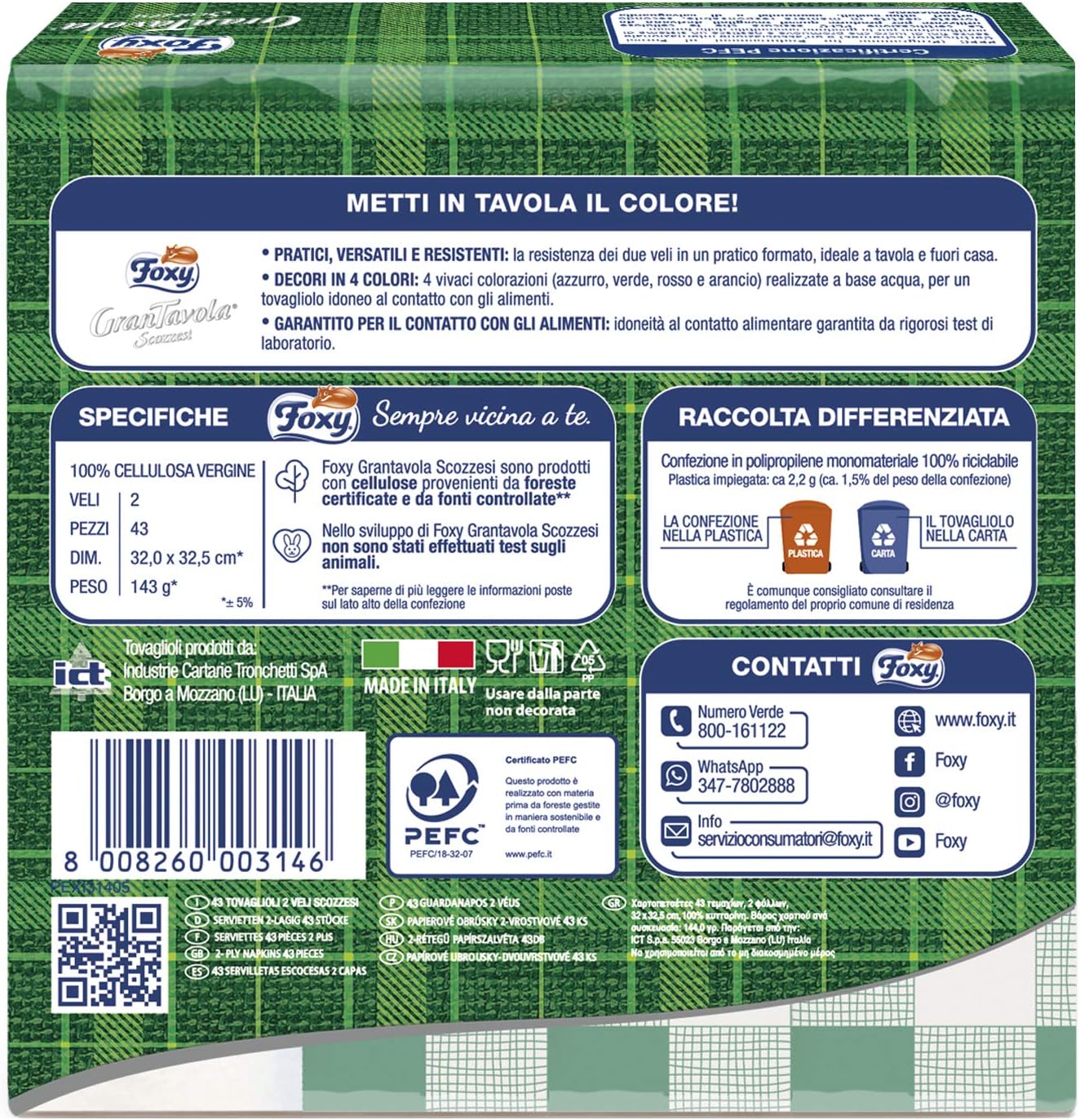 Foxy GranTavola Scozzesi | Tovaglioli Doppiovelo | 43 pezzi 32x32,5cm | Decoro scozzese 4 colori | Carta 100% certificata PEFC™ | Confezione 100% riciclabile