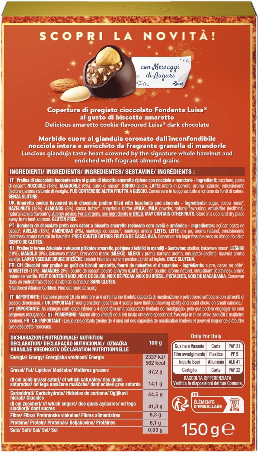 BACI PERUGINA Gusto Amaretto Cioccolatini Fondenti ripieni al Gianduia e gusto di Biscotto Amaretto, Scatola 150g