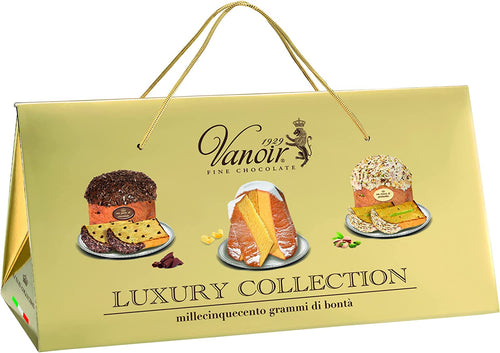 VANOIR | Luxury Collection, Panettone al Pistacchio Ricoperto di Cioccolato Bianco e Granella di Pistacchio 500g, Panettone Con Cioccolato 500g e Pandoro Tradizionale 500g, Cesto Natalizio