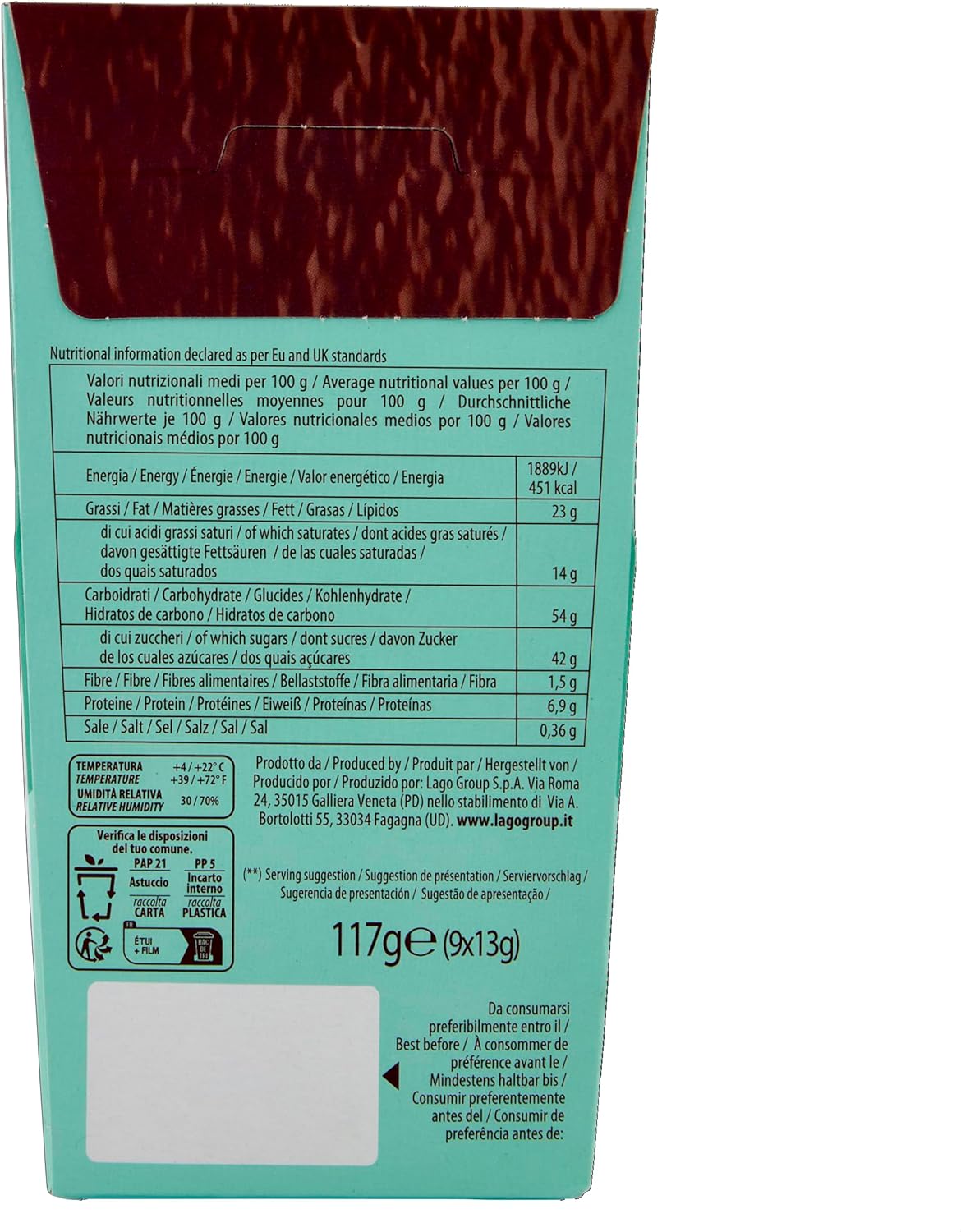 Lago 1968 Plaisir Chocolate, Mignon di Soffice Pan di Spagna Ricoperto di Cioccolato al Latte Farcito di Pregiata Crema al Cacao, 9 Monoporzioni, 117g