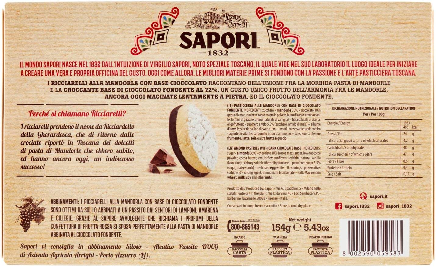 Sapori Ricciarelli Base Cioccolato, 154g