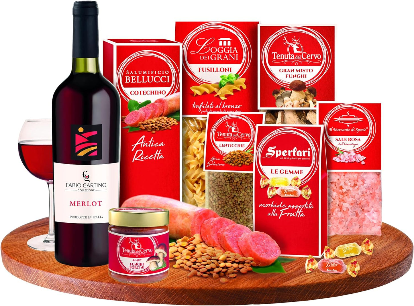 LE CADEAU | Confezione Regalo "Scatola Pranzo di Natale", Confezione Alimentare 8pz, Vino, Gelèes Alla Frutta, Cotechino, Lenticchie, Pasta, Sugo, Funghi e Sale dell'Himalaya, Idea Regalo Natale