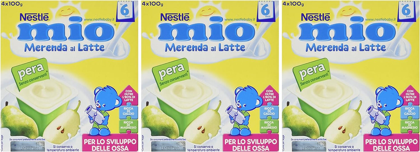 Nestlé Mio - Merenda al Latte Pera, senza Glutine, da 6 Mesi - 3 confezioni da 4 vasetti di plastica da 100 g [12 vasetti, 1200 g]