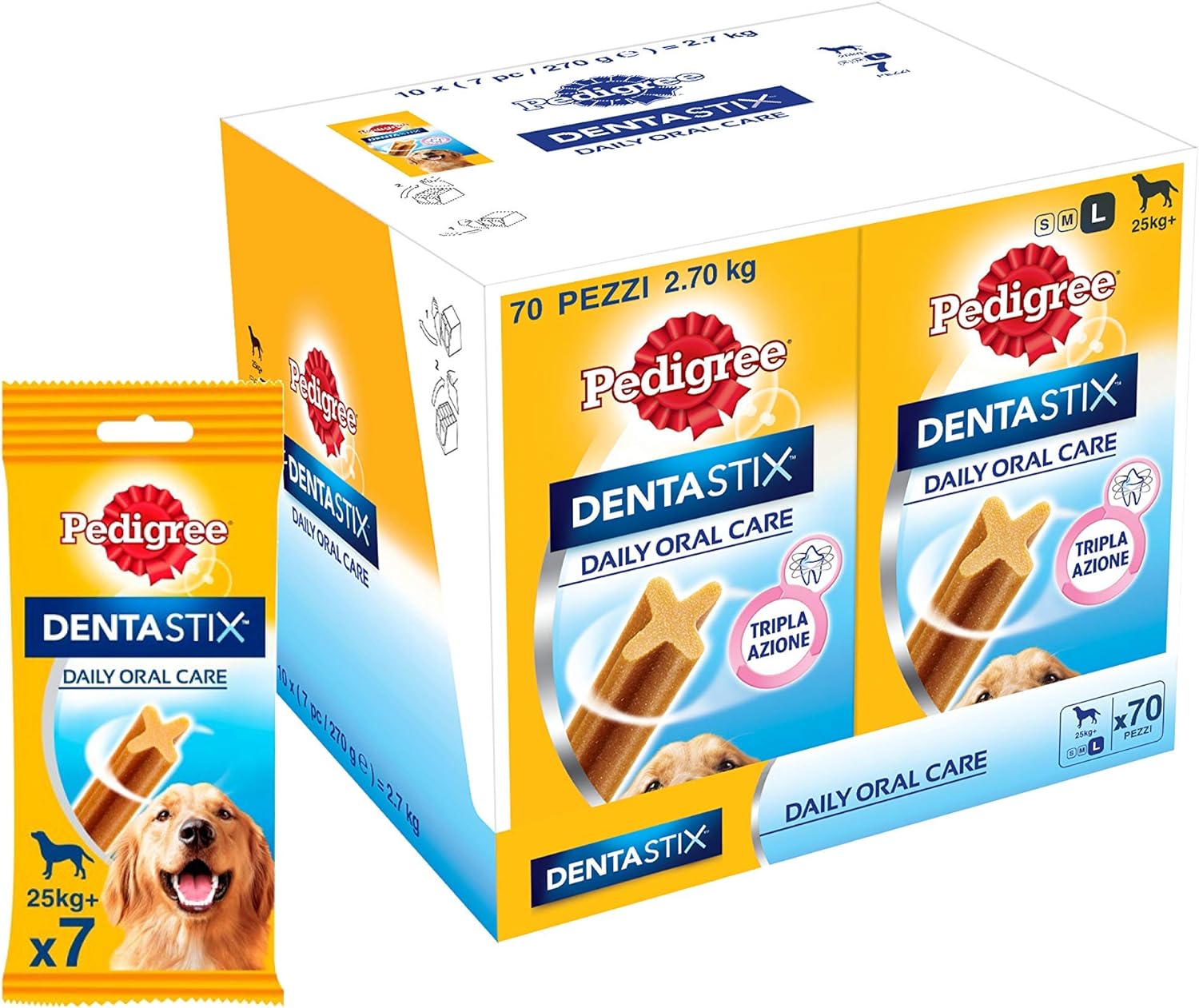 Pedigree Dentastix Snack per la Igiene Orale (Cane Grande 25 kg+) 270 g- 10 Confezioni da 7 Pezzi (70 Pezzi)
