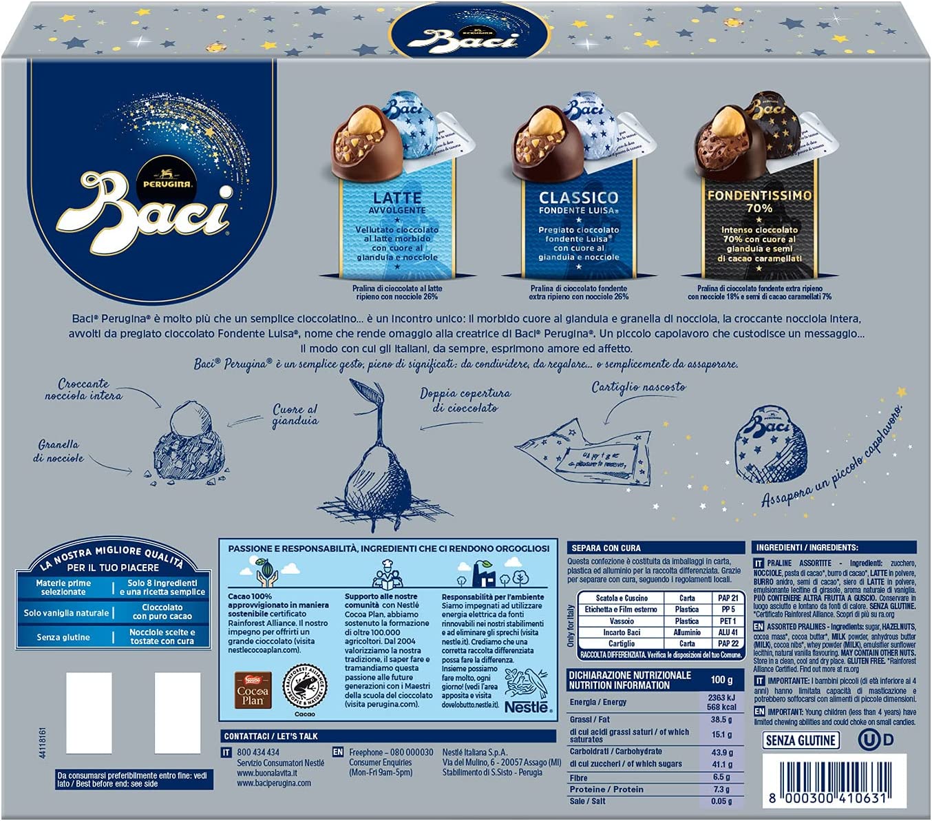 BACI PERUGINA Cioccolatini Assortiti Classico, al Latte e Fondentissimo 70% Scatola 250g