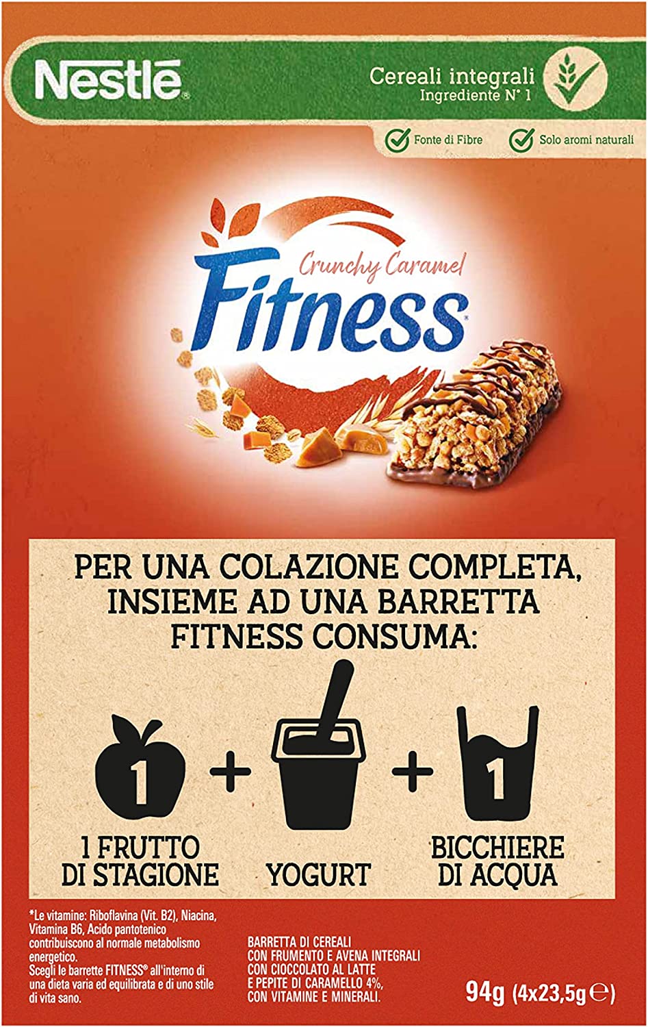 Fitness Crunchy Caramel, Barretta di Cereali Integrali, con Cioccolato e Caramello, 4 Pezzi