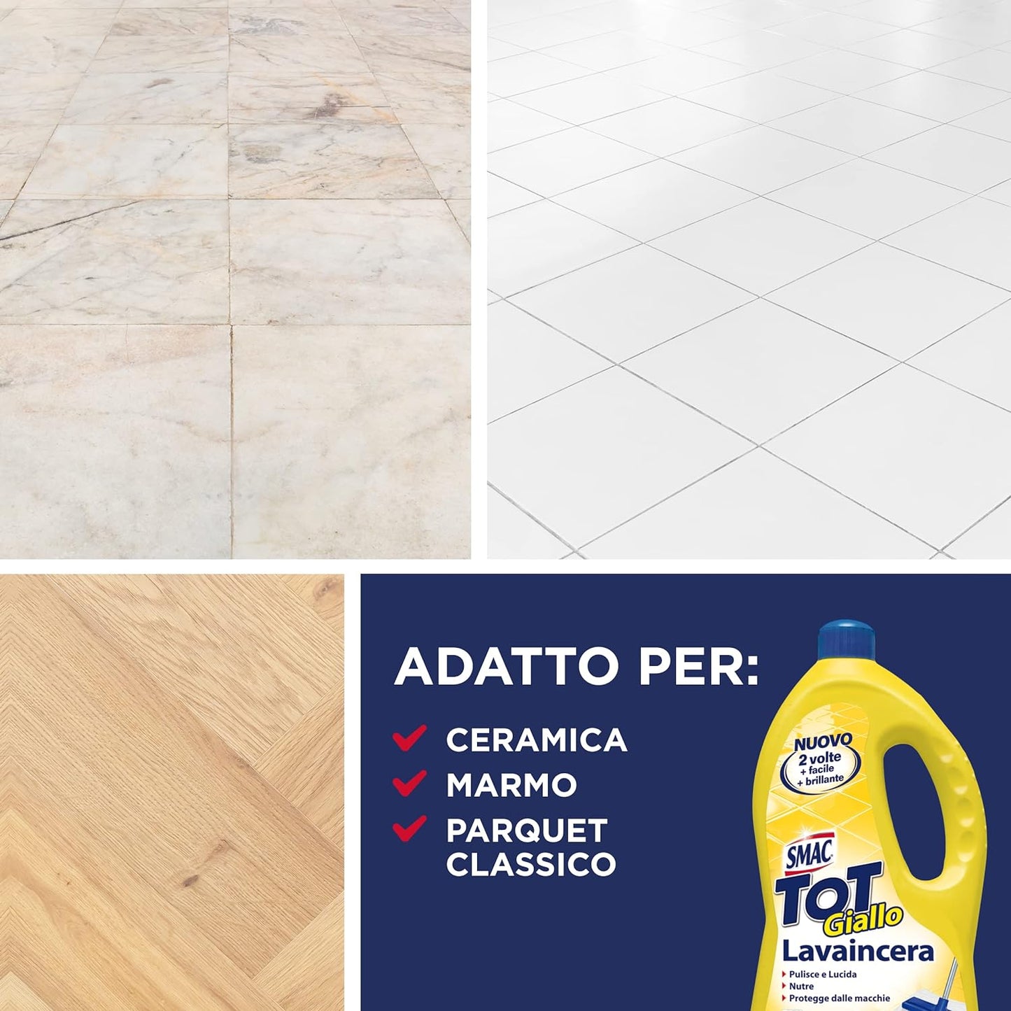 Smac - Tot Giallo Lavaincera, Detergente Pavimenti Pregiati in Ceramica, Marmo e Parquet, con Cera di Carnauba, 1000ml x 12 Pezzi