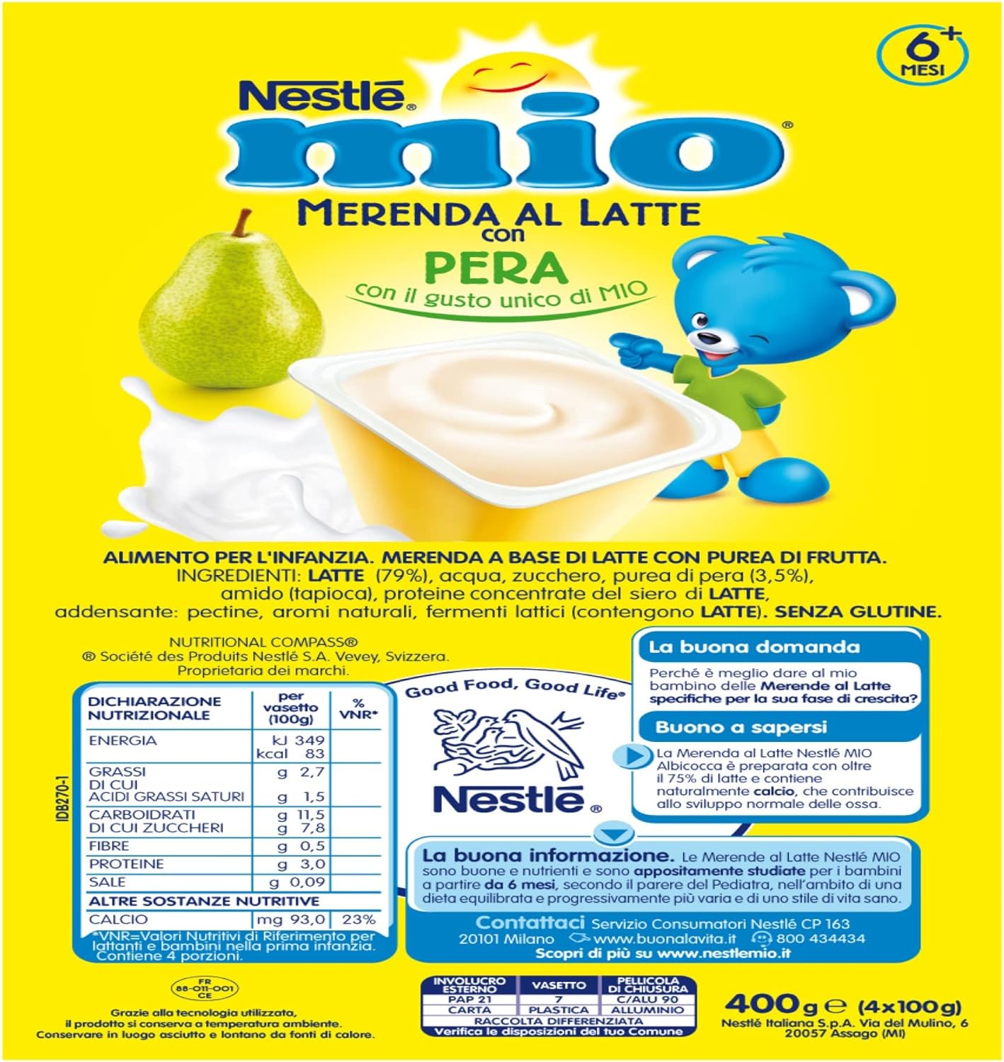 NESTLÉ MIO Merenda al Latte Pera, 24 Vasetti da 100g (2,4kg)