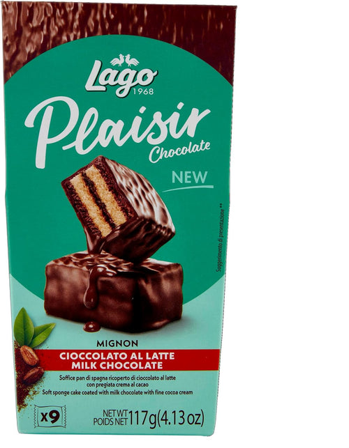 Lago 1968 Plaisir Chocolate, Mignon di Soffice Pan di Spagna Ricoperto di Cioccolato al Latte Farcito di Pregiata Crema al Cacao, 9 Monoporzioni, 117g