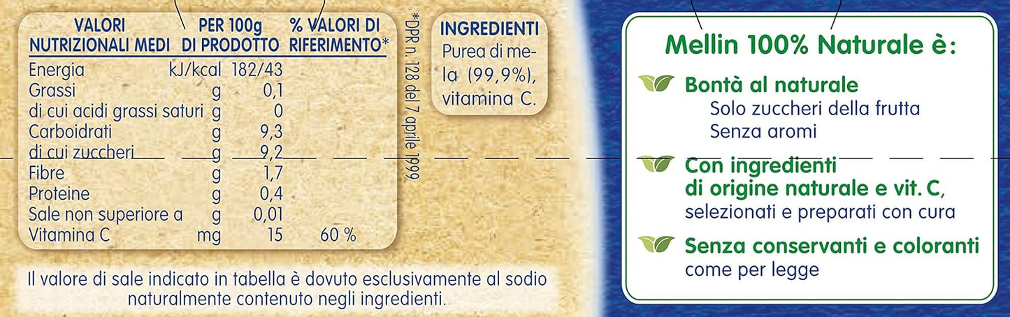 Mellin Omogeneizzato di Frutta Mela 100% Naturale – 24 Vasetti da 100 gr