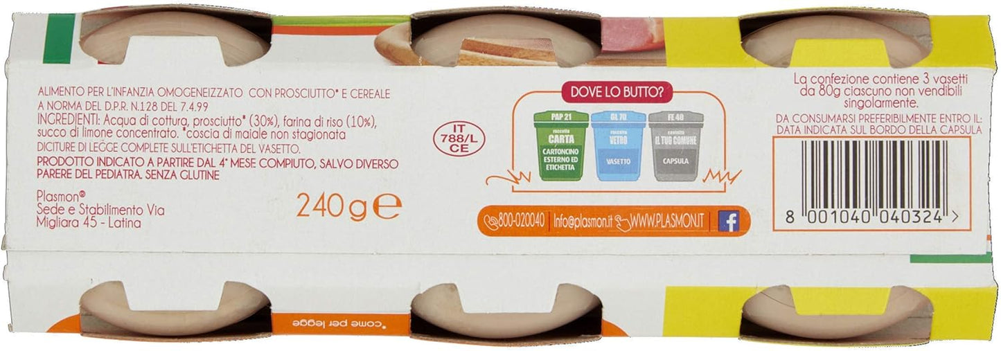 Plasmon Omogeneizzato Carne Prosciuto e cereale 80g 24 Vasetti Con Carne Italiana, 100% naturale, senza amidi e sale aggiunti