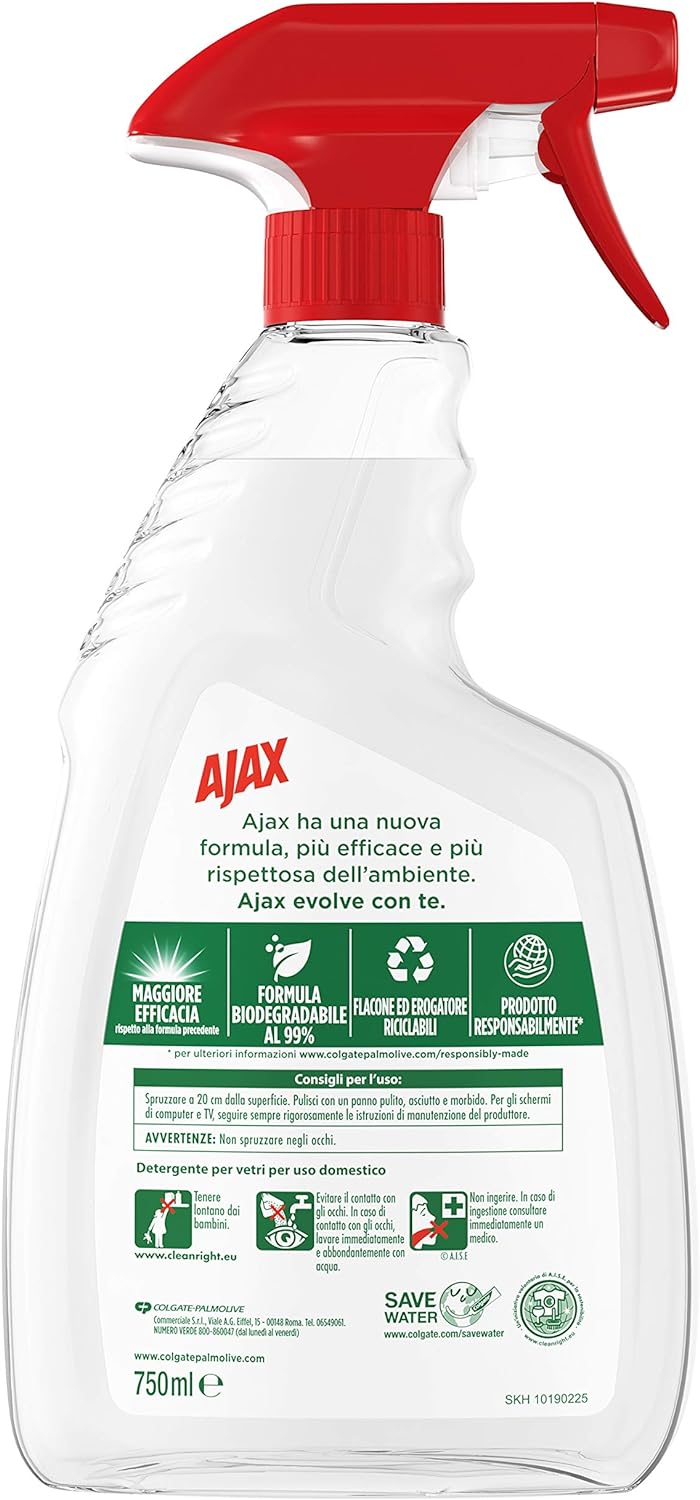 Ajax - Detersivo Crystal Clean, per Vetri, Con Ammoniaca, 100% Anti-Alone - 750 ml