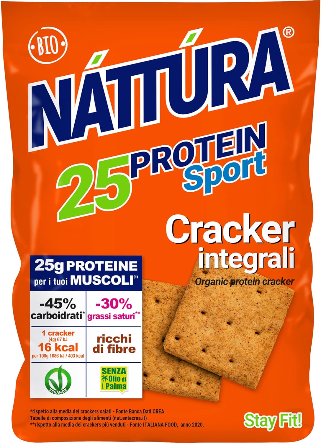 NATTURA PROTEIN SPORT Crackers Integrali Proteici, Snack Croccante Sano e Ricco di Fibre, Snack Proteico Salato, Senza Olio di Palma, 25% di Proteine, 200g