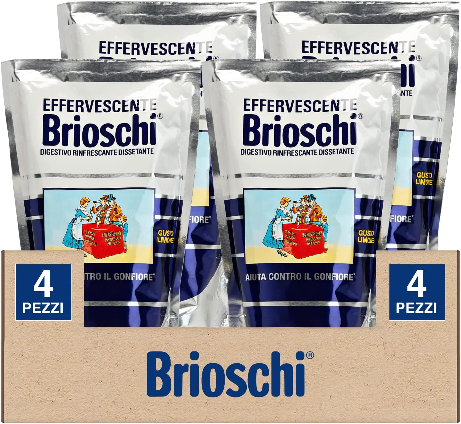 4x Brioschi Effervescente Digestivo Rinfrescante e Dissetante al Gusto Limone - 4 Buste da 100gr