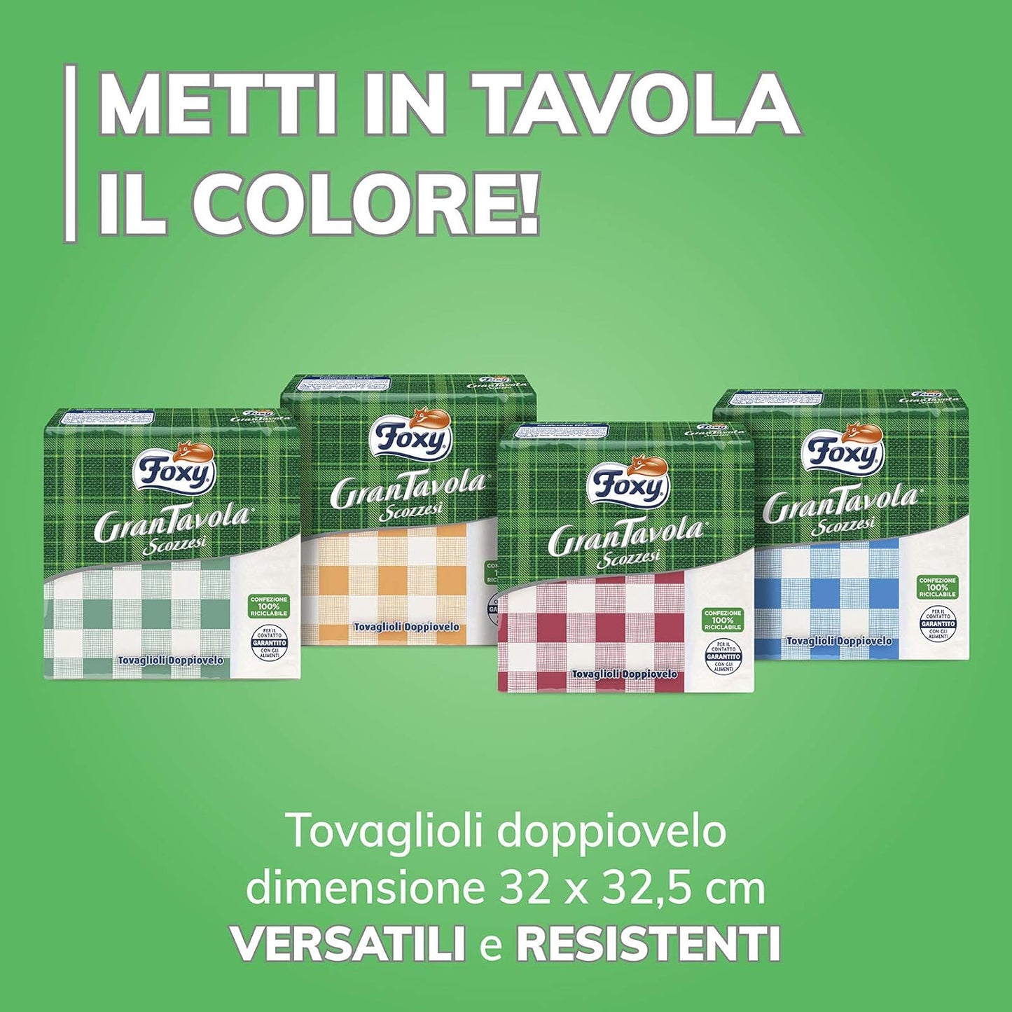 Foxy GranTavola Scozzesi | Tovaglioli Doppiovelo | 43 pezzi 32x32,5cm | Decoro scozzese 4 colori | Carta 100% certificata PEFC™ | Confezione 100% riciclabile