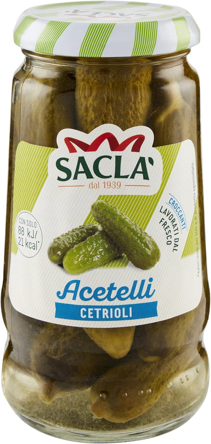 Saclà, Acetelli, Cetrioli All'Aceto di Vino, Ideali per Aperitivo, Antipasti e Insalate, Vaso Vetro, 290g (150g sgocciolato), Confezione da 12 pezzi