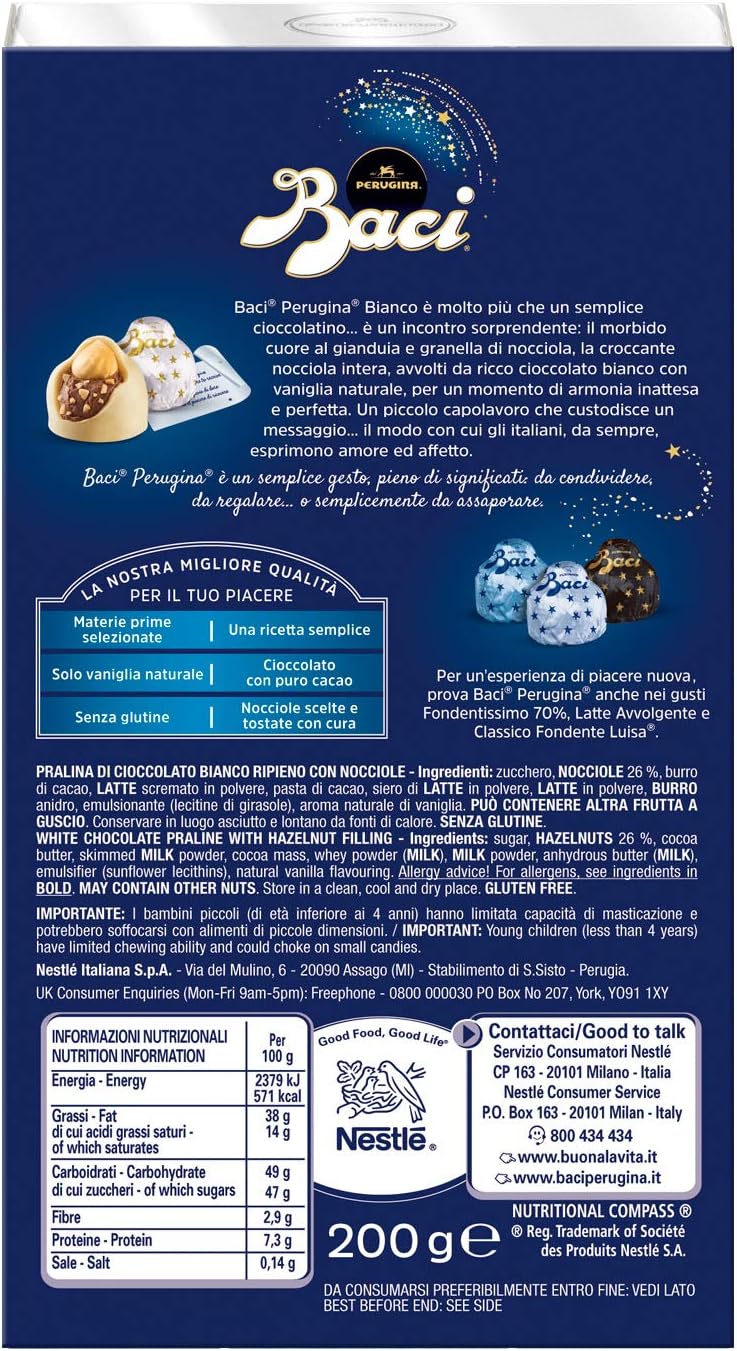 Baci Perugina Bianco Cioccolatini al Cioccolato Bianco Ripieno al Gianduia e Nocciola Intera, 200 g