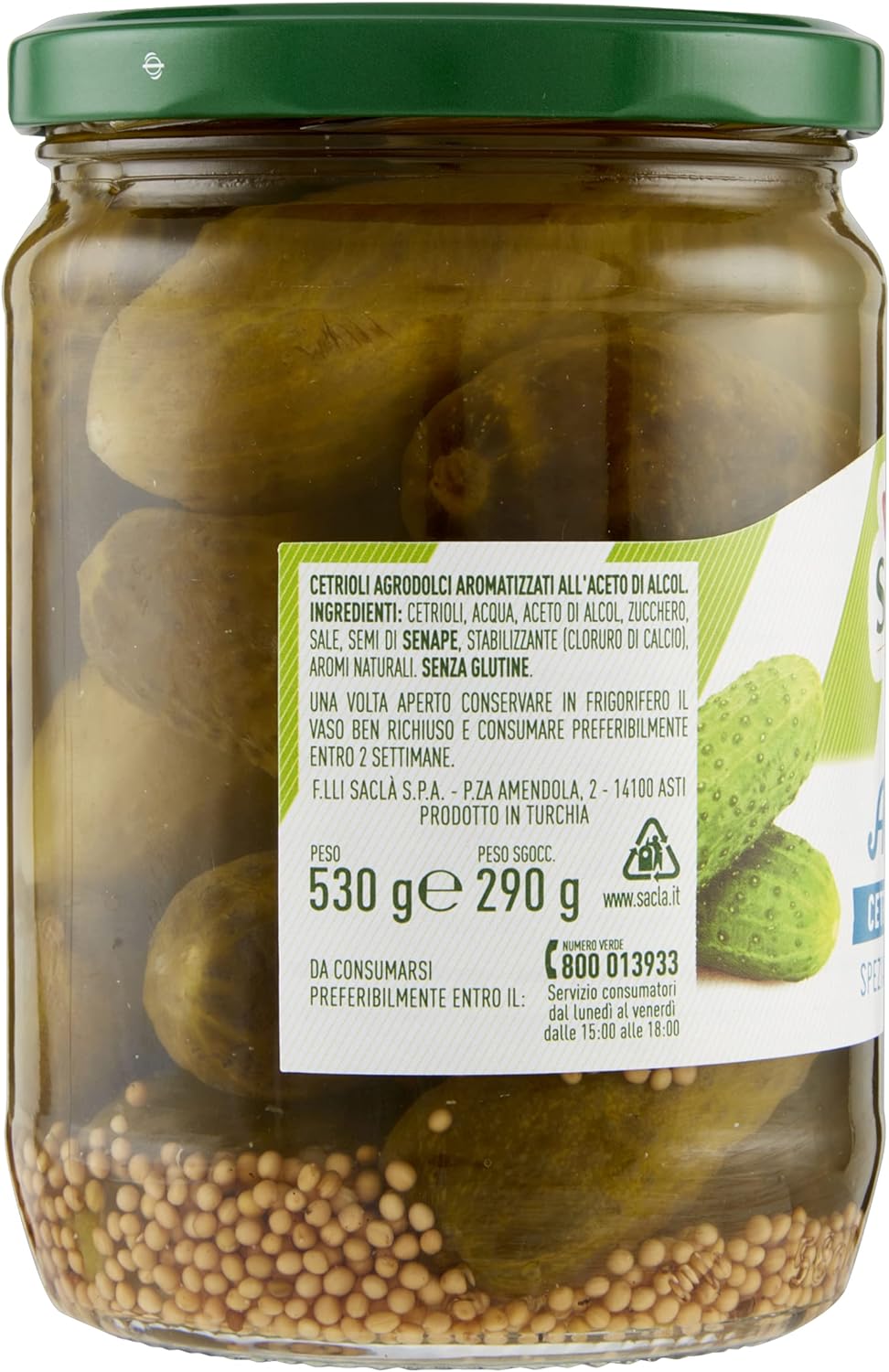 Saclà, Cetrioli Gurken in Agrodolce, Cetrioli Croccanti e Speziati, Ideali per Aperitivi, Vaso Vetro, 530g (290g sgocciolato), Confezione da 6 pezzi