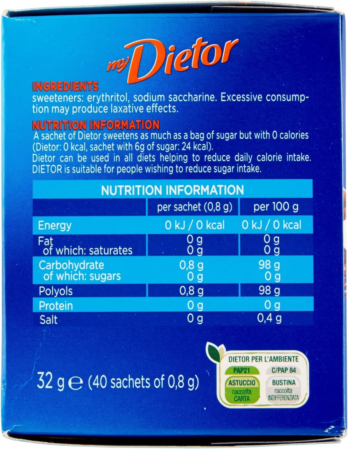 MyDietor Dolcificante, Zero Calorie - 40 Bustine