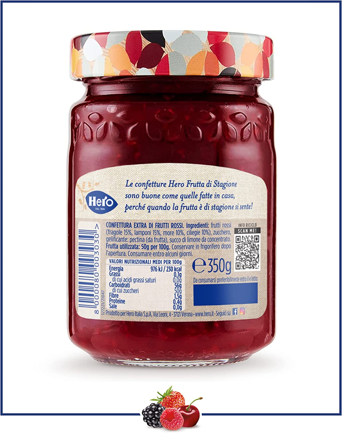 Hero Confettura Frutti Rossi di Stagione, 8 vasetti da 350 gr, marmellata e confettura extra con frutta raccolta nell'ultima stagione, frutta di alta qualità, metodo tradizionale