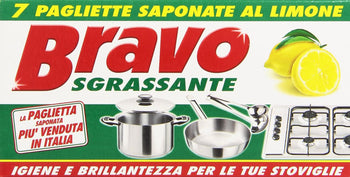 Bravo - Detergente per stoviglie e superfici dure, Sgrassante, al limone - 7 pagliette saponate - [confezione da 2]