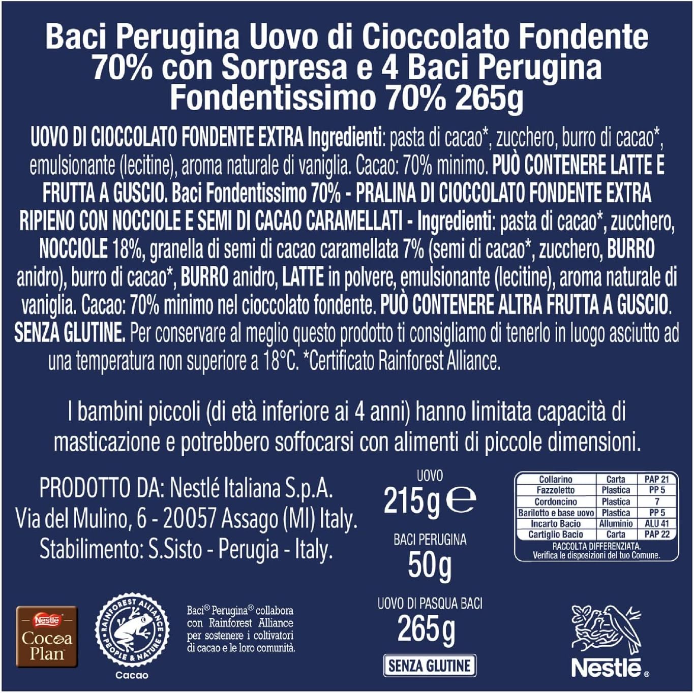 BACI PERUGINA Uovo di Pasqua Cioccolato Fondente 70% con Sorpresa e 4 Cioccolatini 265g