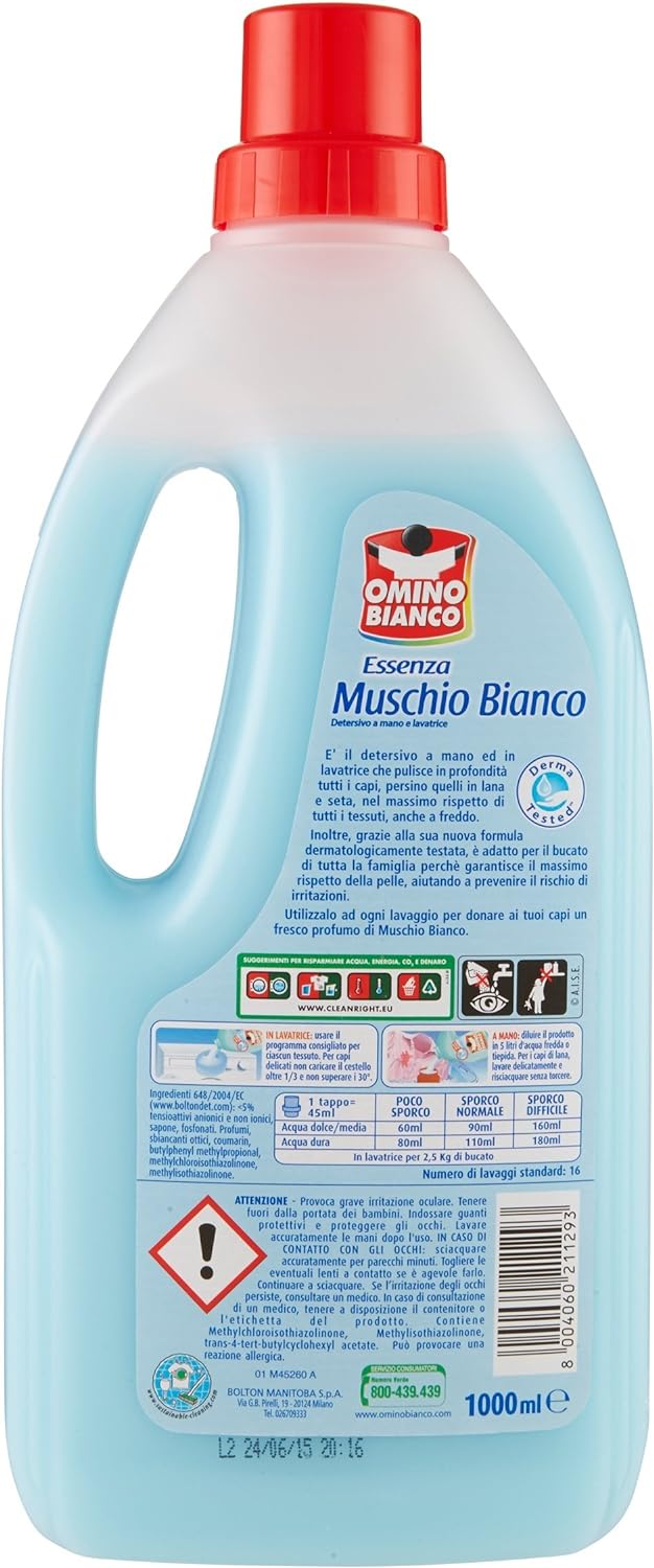 Omino Bianco - Detersivo a Mano e Lavatrice, Essenza Muschio Bianco - 4 flaconi da 1000 ml [4 l]