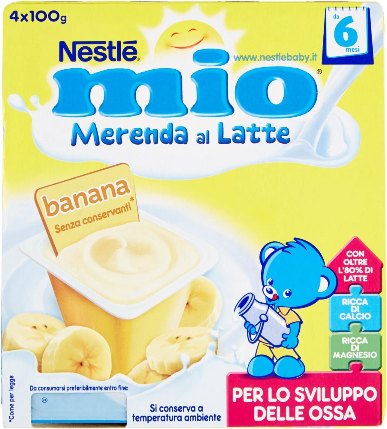 Nestlé Mio - Merenda al Latte Banana, senza Glutine, da 6 Mesi - 3 confezioni da 4 Vasetti di plastica da 100 g [12 vasetti, 1200 g]