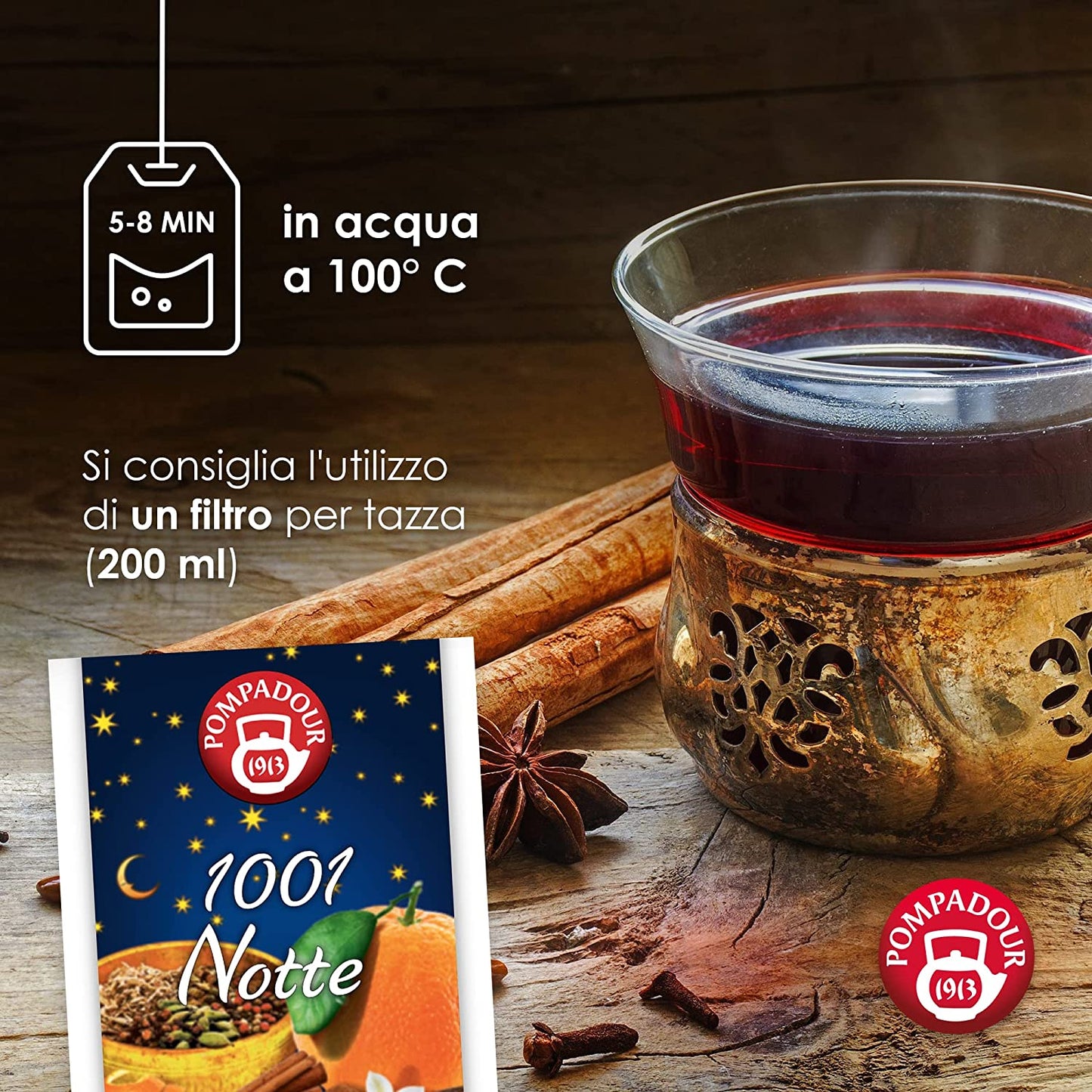 Pompadour, Infuso 1001 Notte, 60 Filtri (3 Confezioni da 20 Filtri), con Cannella, Zenzero e Cardamomo, Ideale per le Fredde Sere d'Inverno, Senza Lattosio, Glutine e Allergeni, Vegan
