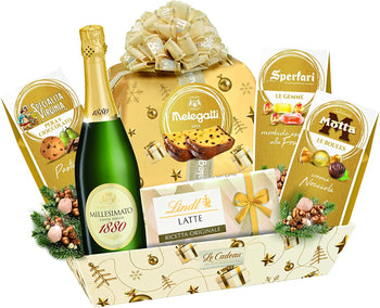 LE CADEAU | Confezione Regalo "Merry Christmas", Cesto Alimentare Natalizio, Vassoio Composto da Panettone Melegatti, Spumante, Cioccolato Lindt, Gelèes alla Frutta e Altro, Idea Regalo Natale