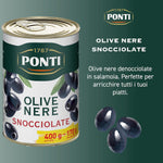 Ponti, Olive Nere Snocciolate, Ideali da Aggiungere ad Insalate e Pizze, Ottimi anche come Antipasto, dal Sapore Ricco e dalla Consistenza Succosa, 100% Made in Italy, 400 g