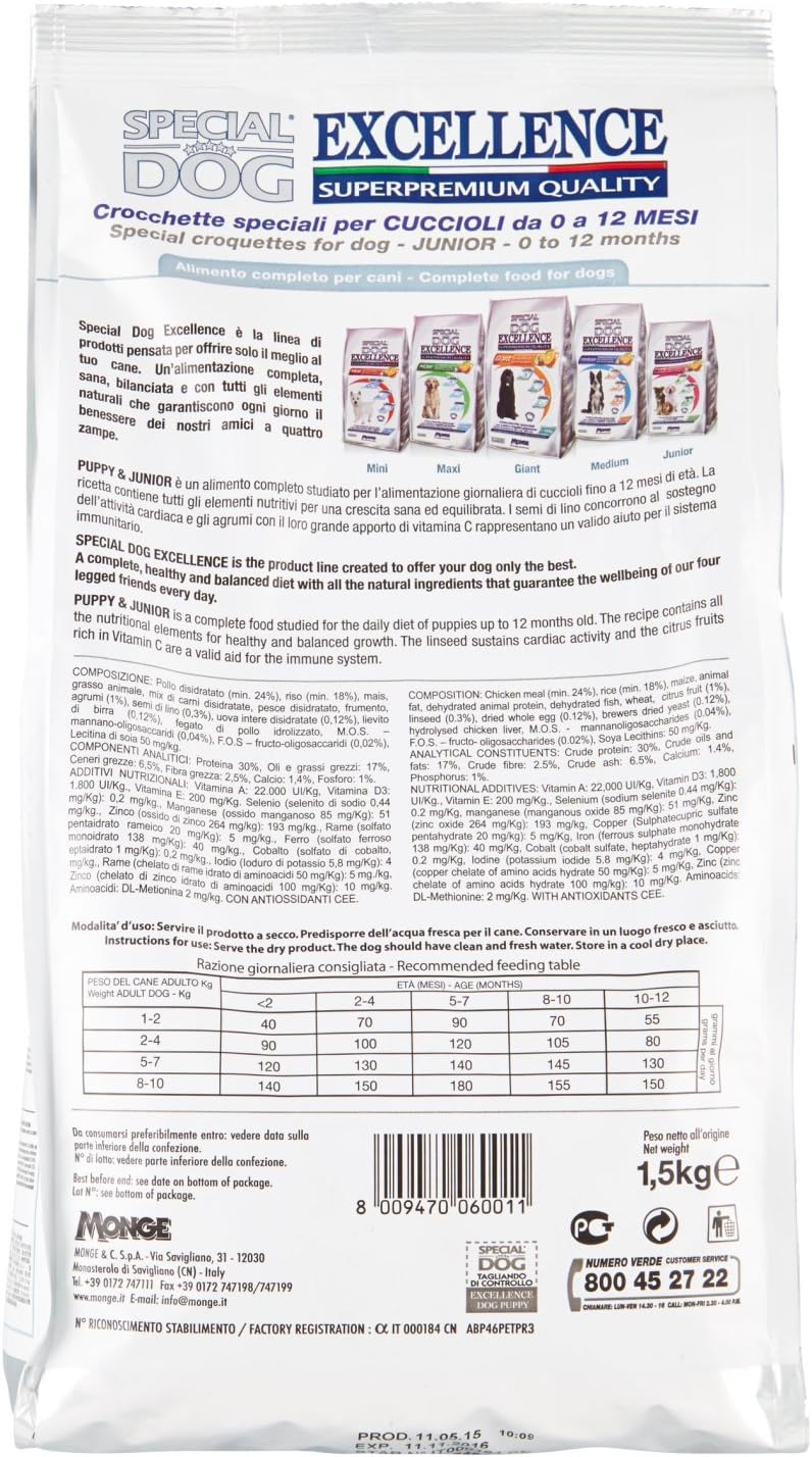 Monge - Special Dog Excellence, Puppy & Junior, 1,5 KG, 1 Confezione