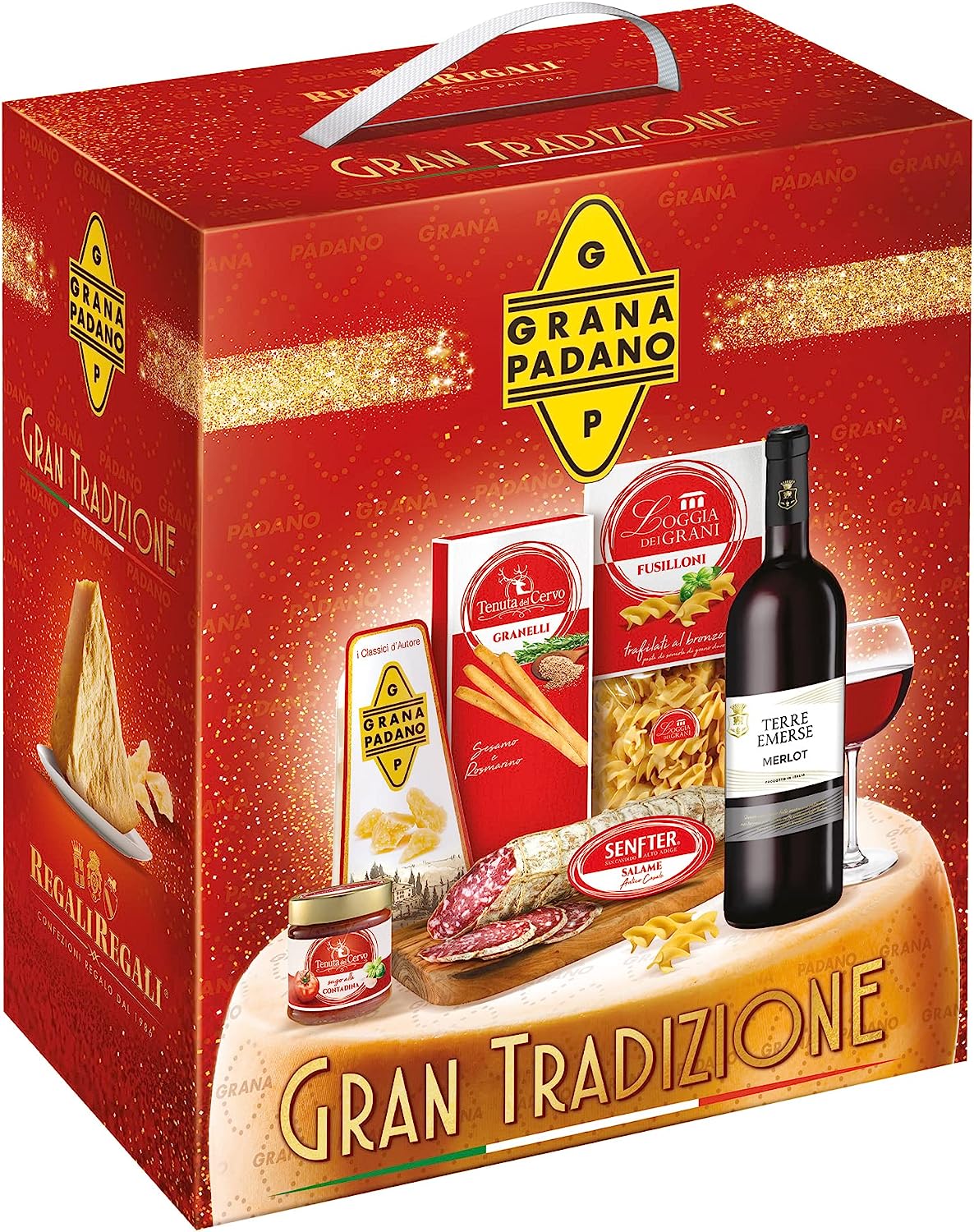 REGALI REGALI | Confezione Regalo "Gran Tradizione", Cesto Alimentare Natalizio, Scatola con Bottiglia di Vino, Grana Padano DOP, Pasta, Sugo alla Contadina, Granelli, Idea Regalo Natale