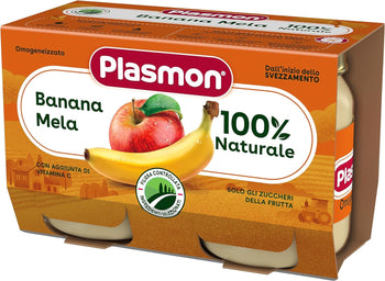 Plasmon Omogeneizzato Frutta Banana con mela 104g 24 Vasetti con Frutta selezionata, 100% naturale, con aggiunta di Vitamina C