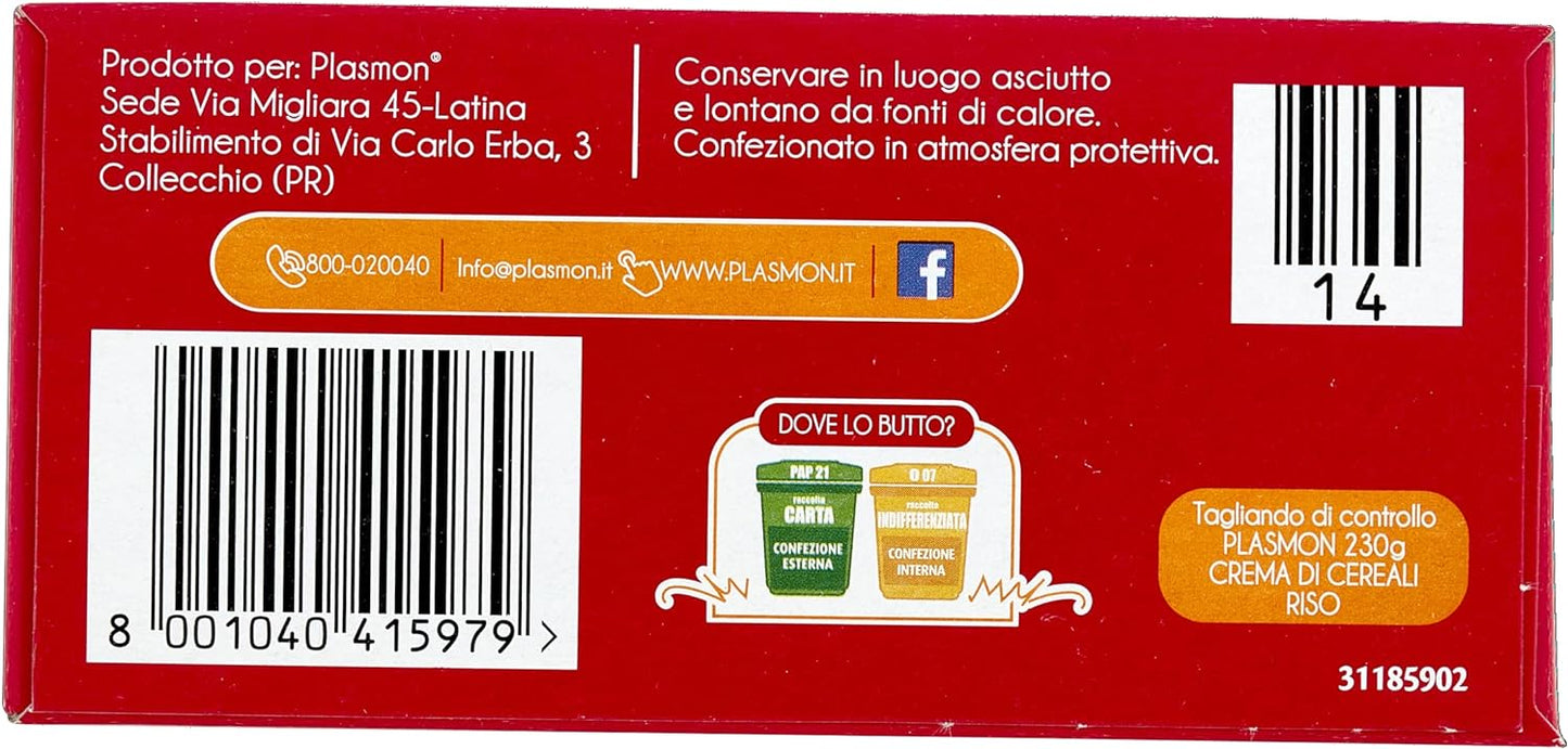 Plasmon Crema di Cereali di Riso 230g Con Ingredienti selezionati, La base ideale per la pappa, Confezione da 6