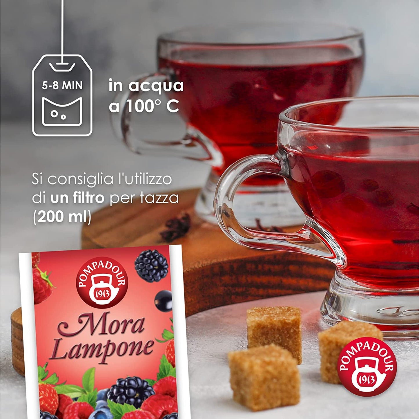 Pompadour, Infuso Mora e Lampone, 60 Filtri (3 Confezioni da 20 Filtri), Dolce e Fruttato, Piace anche ai Bambini, Senza Lattosio, Glutine e Allergeni, Vegan
