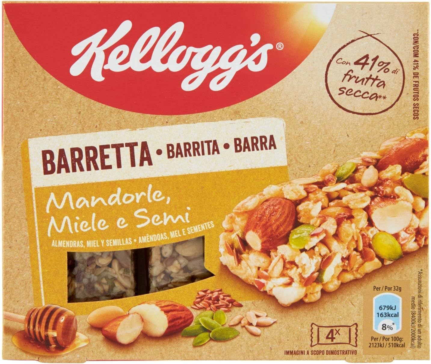 Kellogg's Barretta Mandorle Miele e Semi, 4 x 32g