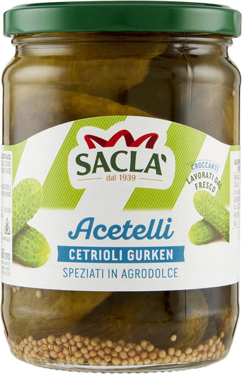 Saclà, Cetrioli Gurken in Agrodolce, Cetrioli Croccanti e Speziati, Ideali per Aperitivi, Vaso Vetro, 530g (290g sgocciolato), Confezione da 6 pezzi