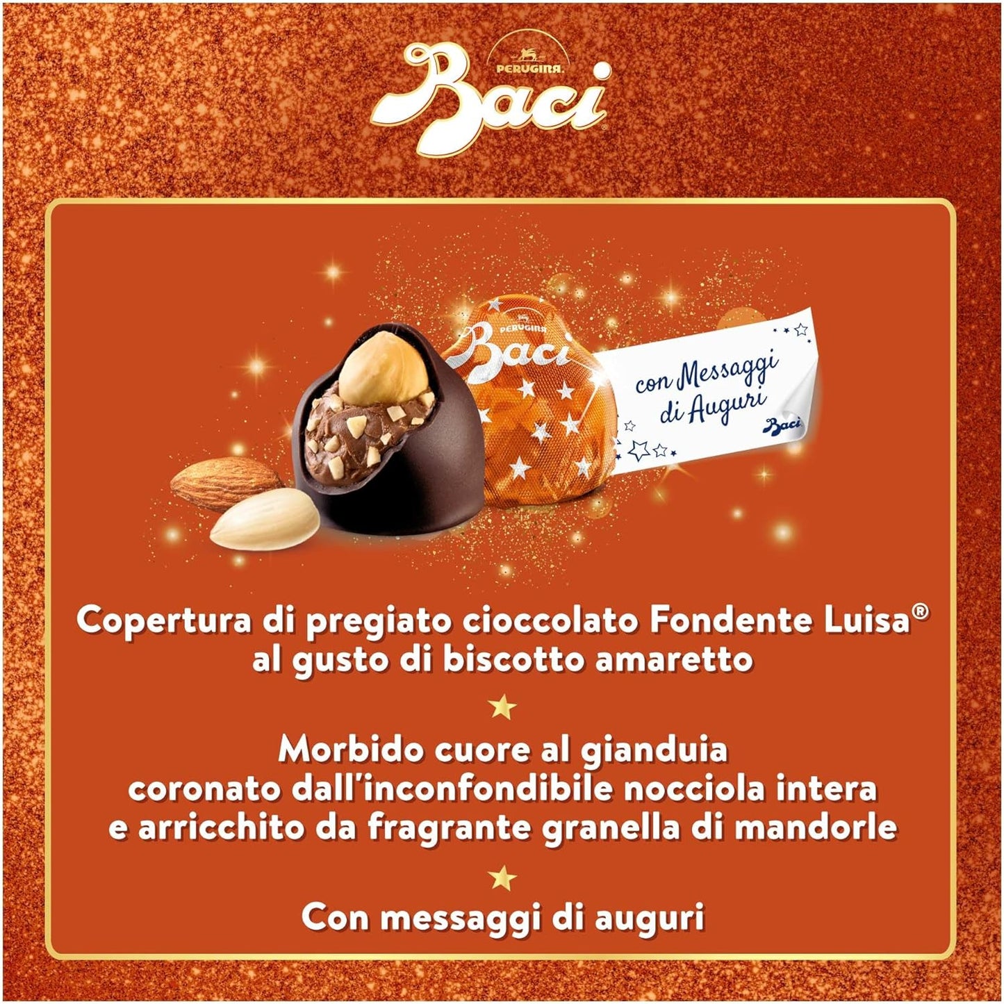 BACI PERUGINA Gusto Amaretto Cioccolatini Fondenti ripieni al Gianduia e gusto di Biscotto Amaretto, Scatola Regalo Natale 200g