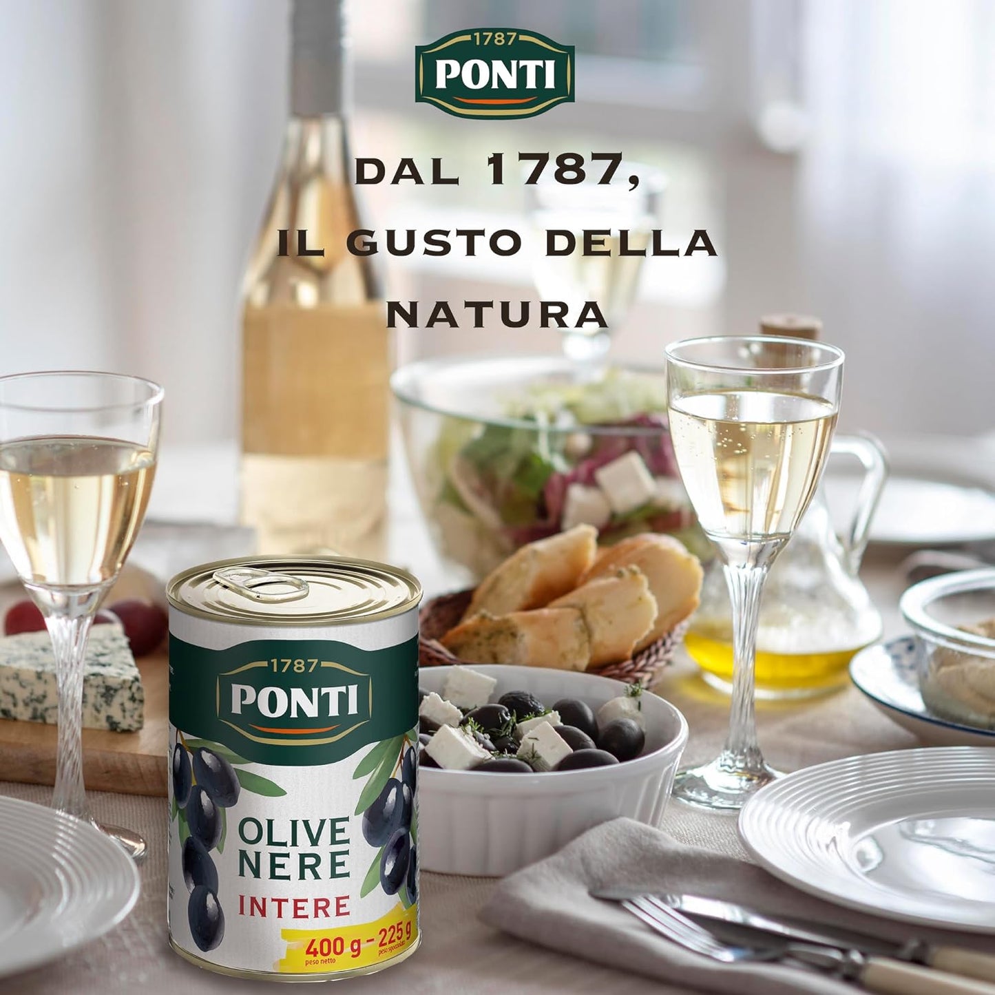 Ponti, Olive Nere Intere, Ideali da Aggiungere ad Insalate e Pizze, Ottimi anche come Antipasto, dal Sapore Ricco e dalla Consistenza Succosa, 100% Made in Italy, 400 g